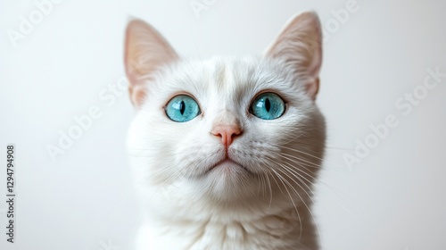 Black cat with striking green eyes portrait on white background