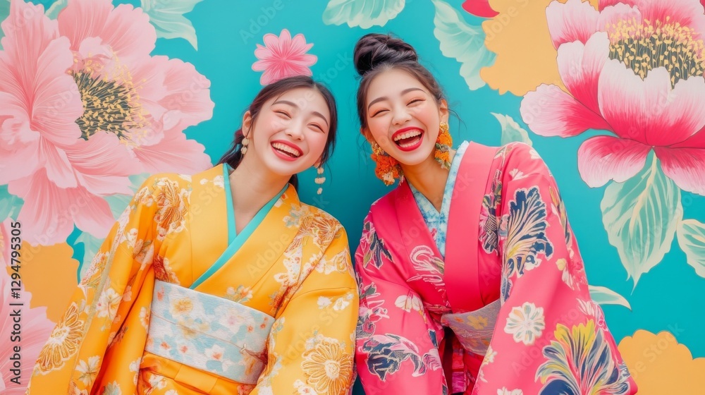 Two young Asian women in vibrant kimonos smile brightly against a floral backdrop. Two young Asian women in vibrant kimonos smile brightly against a floral backdrop.