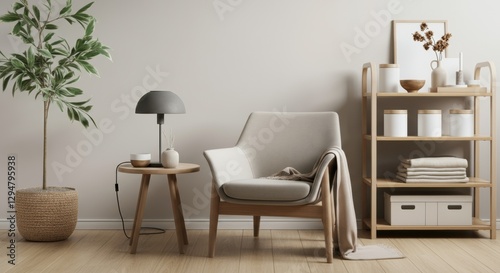 Cozy interior scene featuring a stylish chair, lamp, and decorative shelf