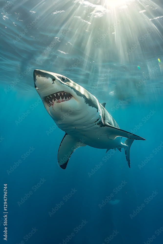 Fototapeta premium Majestic Great White Shark in Clear Blue Ocean Highlighting Its Power and Grace