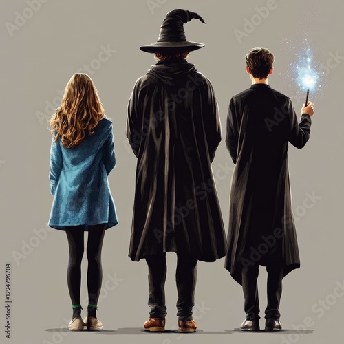 Back view of a teenage boy, a teenage girl dressed in modern dress and a wizard around 40 years old wearing a long black coat with magic in his hand