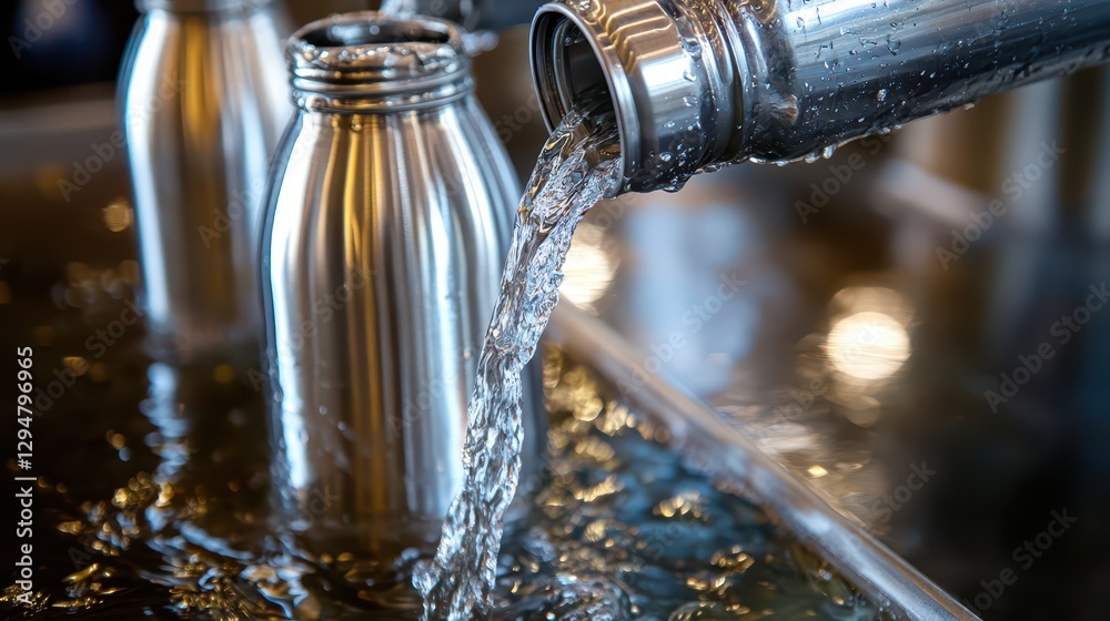Close-up of a stainless steel water bottle being filled at a refill station, clear water pouring into the bottle, bright natural lighting, highly detailed reflections emphasizing sustainability Close-up of a stainless steel water bottle being filled at a refill station, clear water pouring into the bottle, bright natural lighting, highly detailed reflections emphasizing sustainability