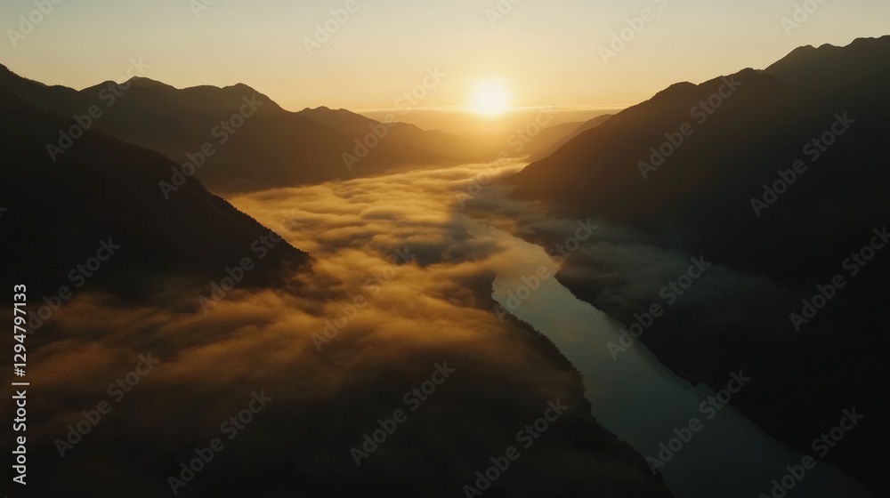 Aerial landscape mountain view, pov of drone flying through mountain range, fog, river, Aerial landscape mountain view, pov of drone flying through mountain range, fog, river,