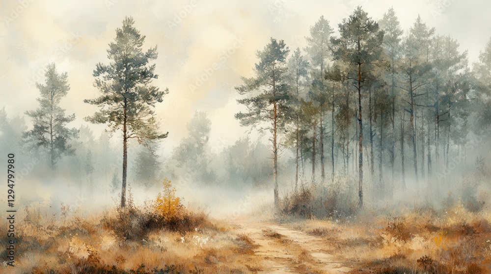 Misty forest pathway through autumn pines in tranquil landscape Misty forest pathway through autumn pines in tranquil landscape