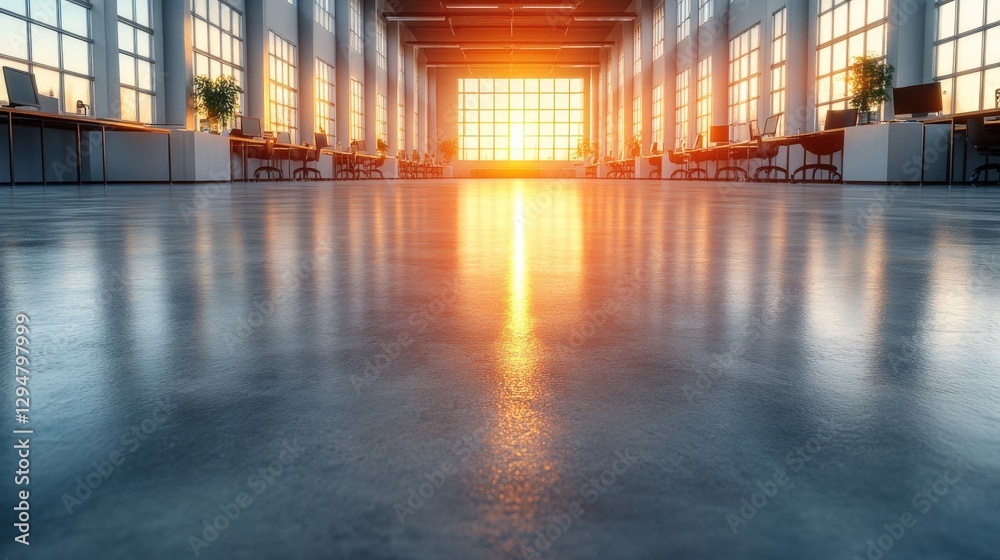 Modern Office Space with Vibrant Sunrise and Reflective Floor Modern Office Space with Vibrant Sunrise and Reflective Floor