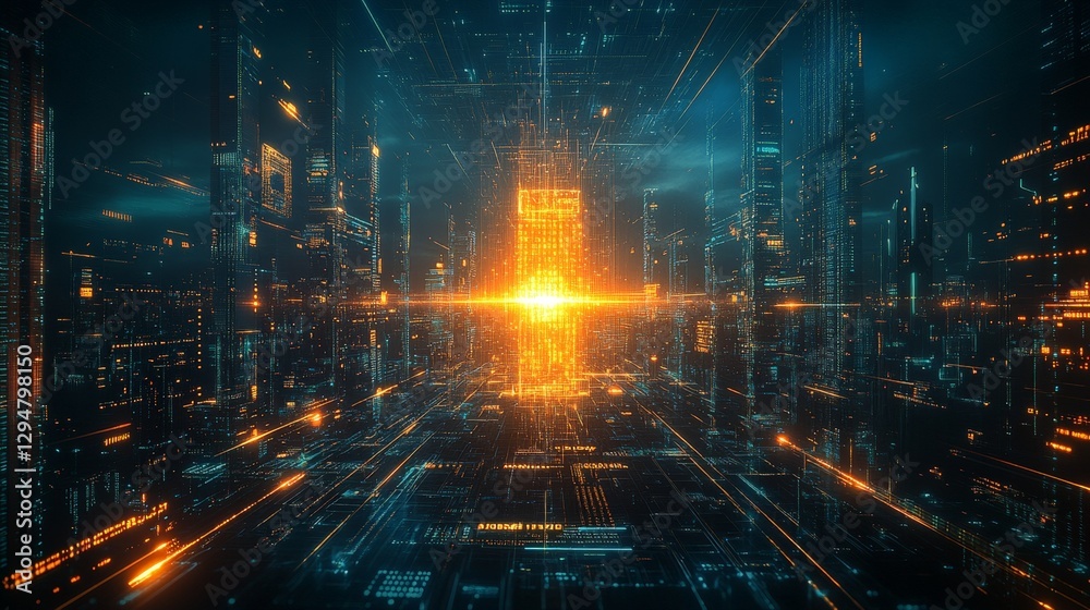 Naklejka premium A futuristic and sleek image of a glowing cryptocurrency coin hovering over a digital blockchain grid, radiating bright, golden light.