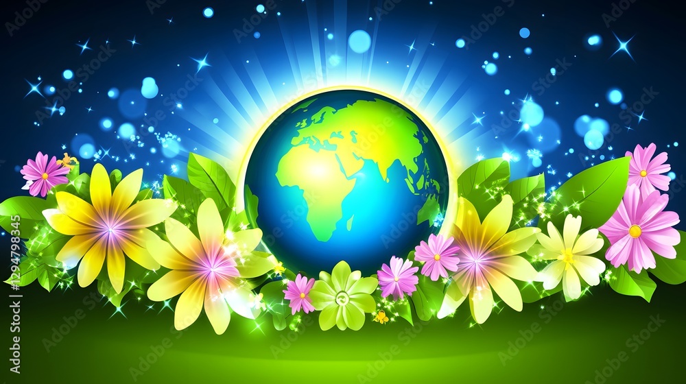 Vibrant illustration of Earth surrounded by colorful flowers and sparkling effects in a lush setting Vibrant illustration of Earth surrounded by colorful flowers and sparkling effects in a lush setting