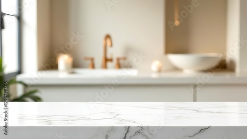 Empty marble table top on blurred minimalistic luxury bathroom at apartment, white day light, clean cozy colors. Place for product display, showing products, side view
