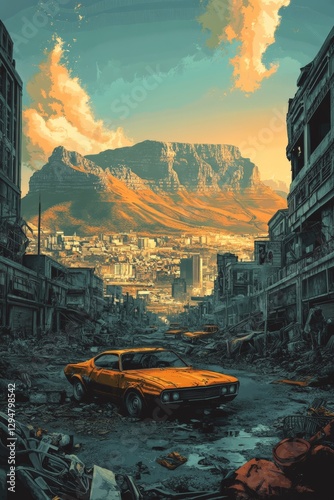 Blockbuster-worthy poster with a post-apocalyptic City, showcasing a world ravaged by climate disaster and human greed. 