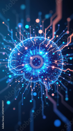 Futuristic neural network illustration representing artificial general intelligence, AGI, with a blue and white color scheme against a dark background.