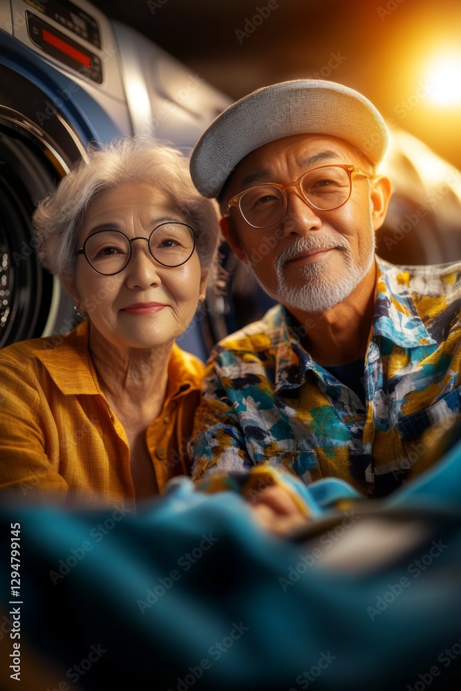 Fototapeta premium Happy senior Asian couple smiles warmly, creating a heartwarming scene.