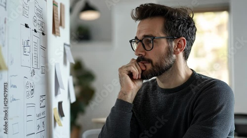 Freelancer brainstorming ideas on a whiteboard in a home office