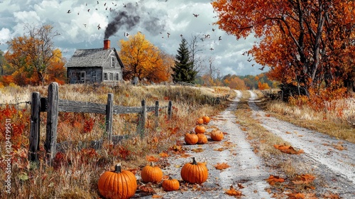 Charming autumn postcard featuring a cozy cottage along a vibrant countryside road