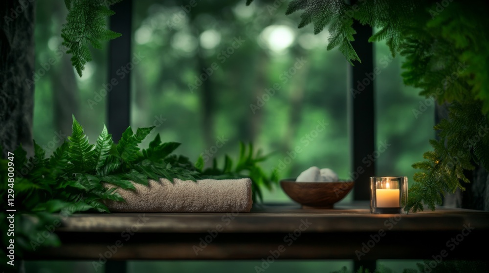 Fototapeta premium Spa Day Serenity: A tranquil scene with lush greenery and a soft candle.
