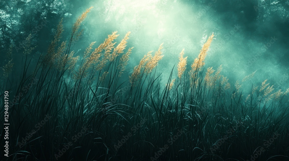 Fototapeta premium Sunlit grasses in misty forest at dawn