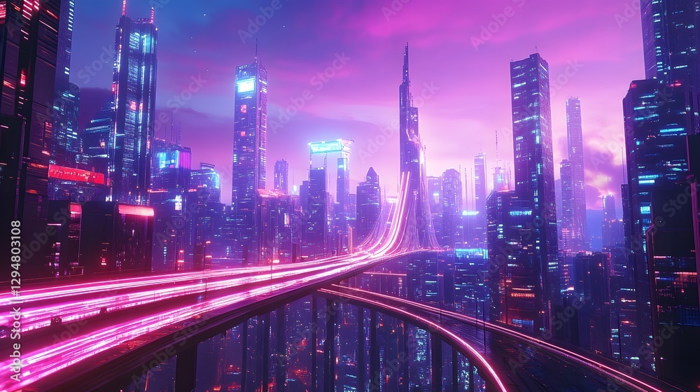 Fototapeta premium Glowing bridges of light crossing a futuristic cityscape