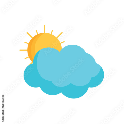 Vector illustration of a bright sun partially hidden behind a blue cloud representing partly cloudy weather conditions