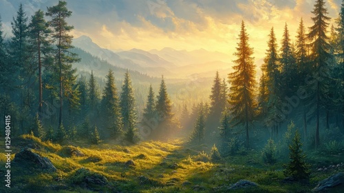Tranquil sunrise over lush forested mountain landscape with sunlight through trees