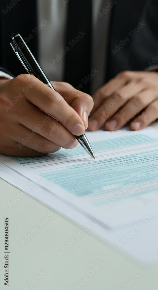 Business professional signing tax return documents financial contract agreement form with pen on official paper