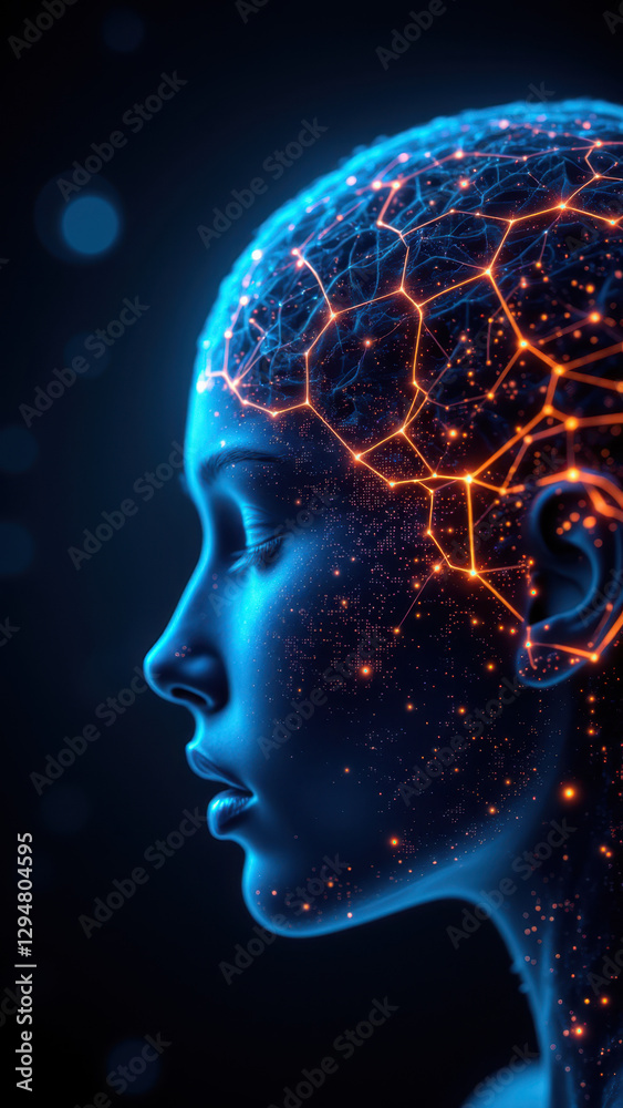 Obraz premium A digital art illustration showcasing an artificial general intelligence's consciousness represented as a glowing brain with cosmic elements.
