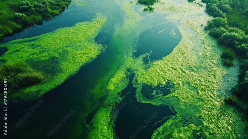 Fototapeta premium Aerial view of vibrant green algae on calm river with lush vegetation