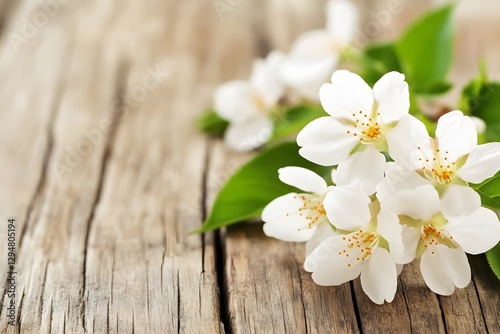 Beautiful White Blossoms on Rustic Wooden Background Spring Flowers