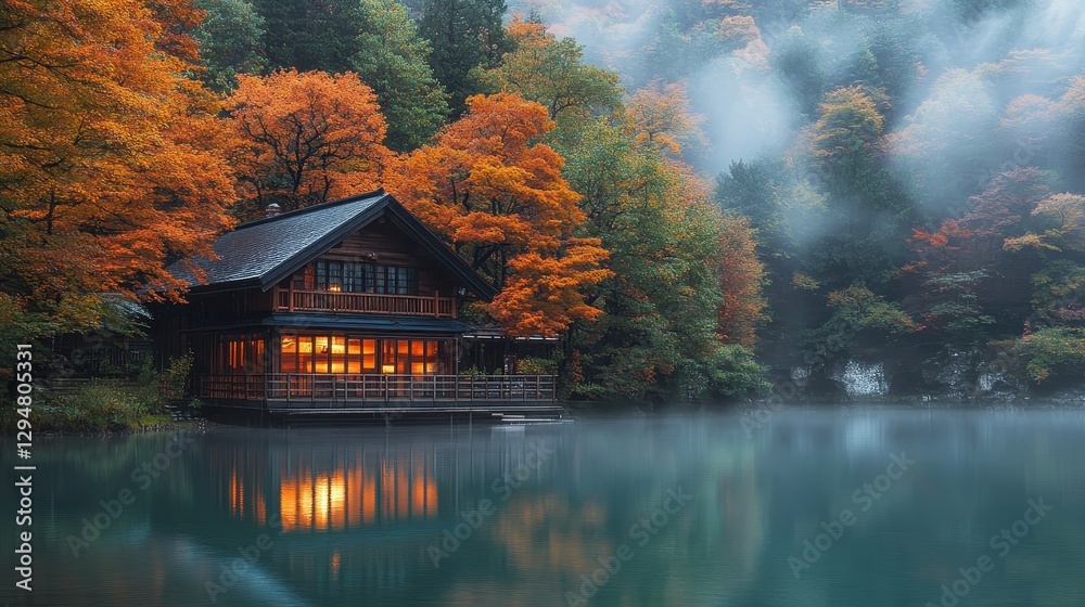 Fototapeta premium Serene lakeside cabin in misty autumn forest with vibrant foliage reflections