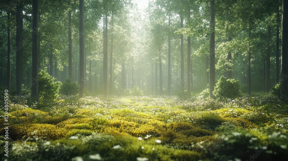 Fototapeta premium Tranquil sunlit pine forest with lush greenery and sunbeams streaming through trees