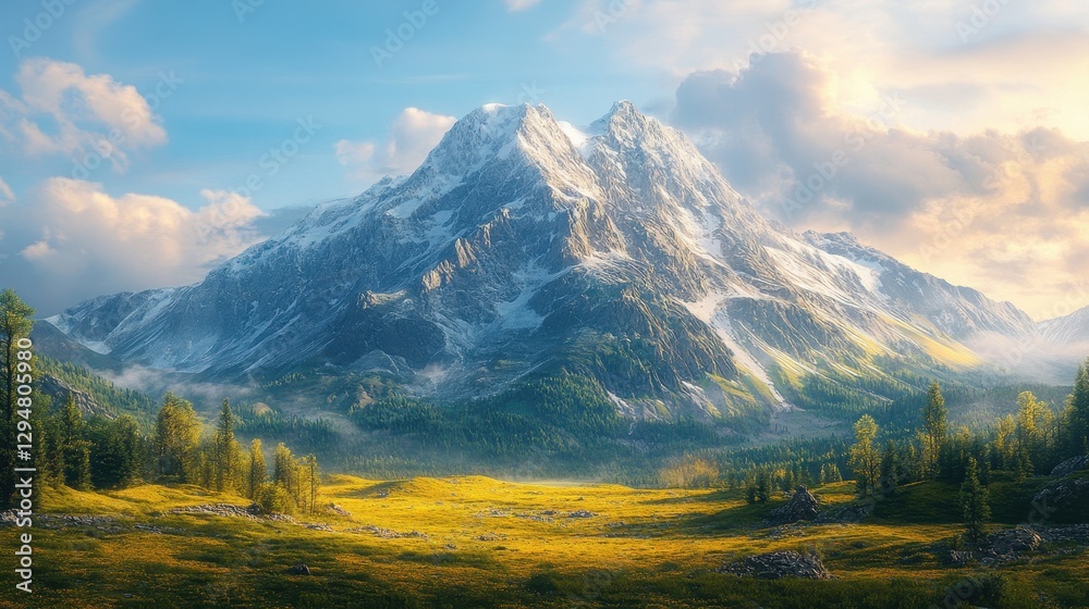 Fototapeta premium Majestic snow-capped mountain peak with sunny meadow