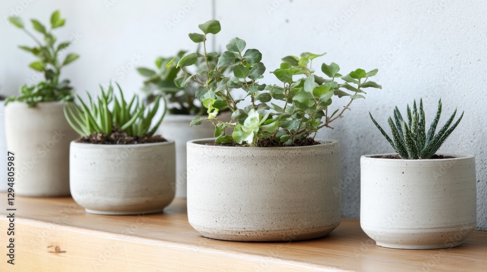 A row of potted plants on a wooden shelf.