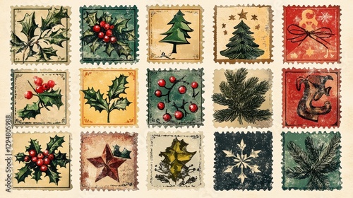 Vintage christmas stamps with holly, pine, and festive designs