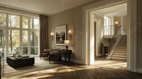 Grand living room, sunlight, views, classic style photo