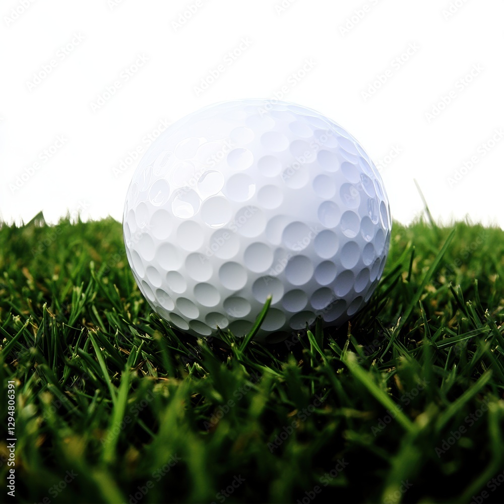 Closeup view of golf ball on green grass lawn