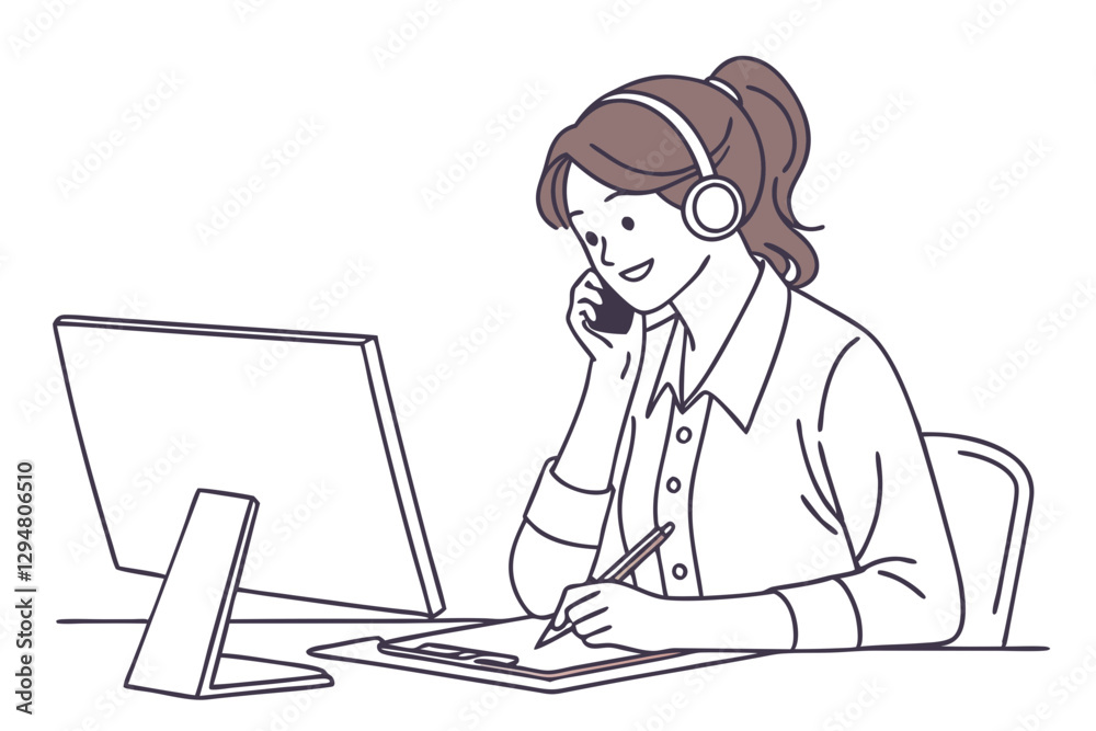 Female Support Agent Taking Calls with Headset – Vector Artwork Female Support Agent Taking Calls with Headset – Vector Artwork
