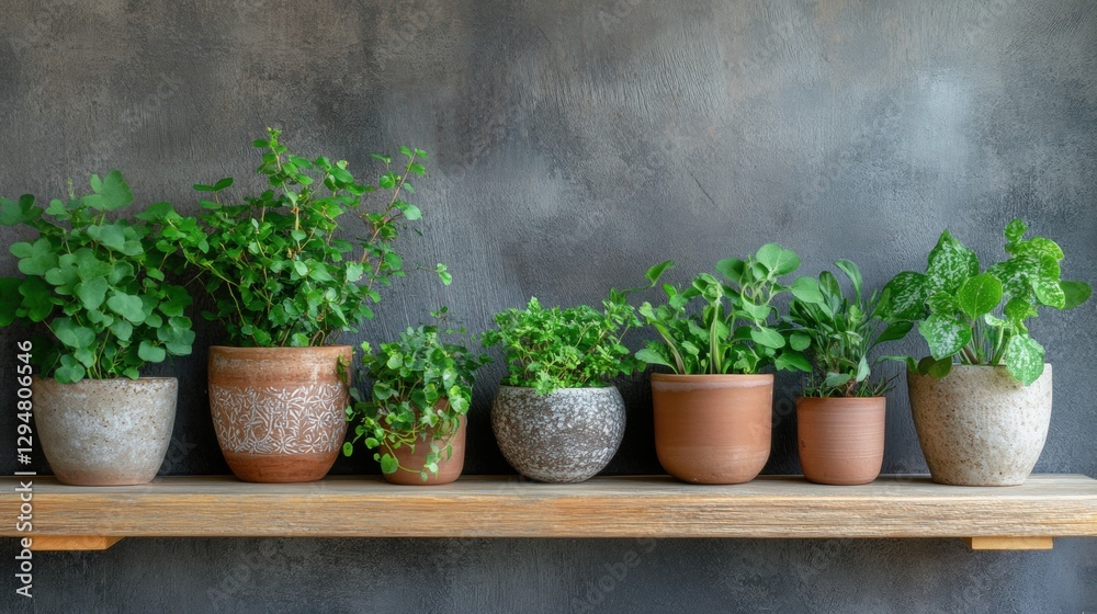 A collection of six potted plants in various terracotta and white pots, arranged on a wooden shelf against a gray wall. A collection of six potted plants in various terracotta and white pots, arranged on a wooden shelf against a gray wall.