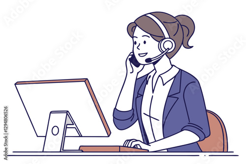 Female Support Agent Taking Calls with Headset – Vector Artwork