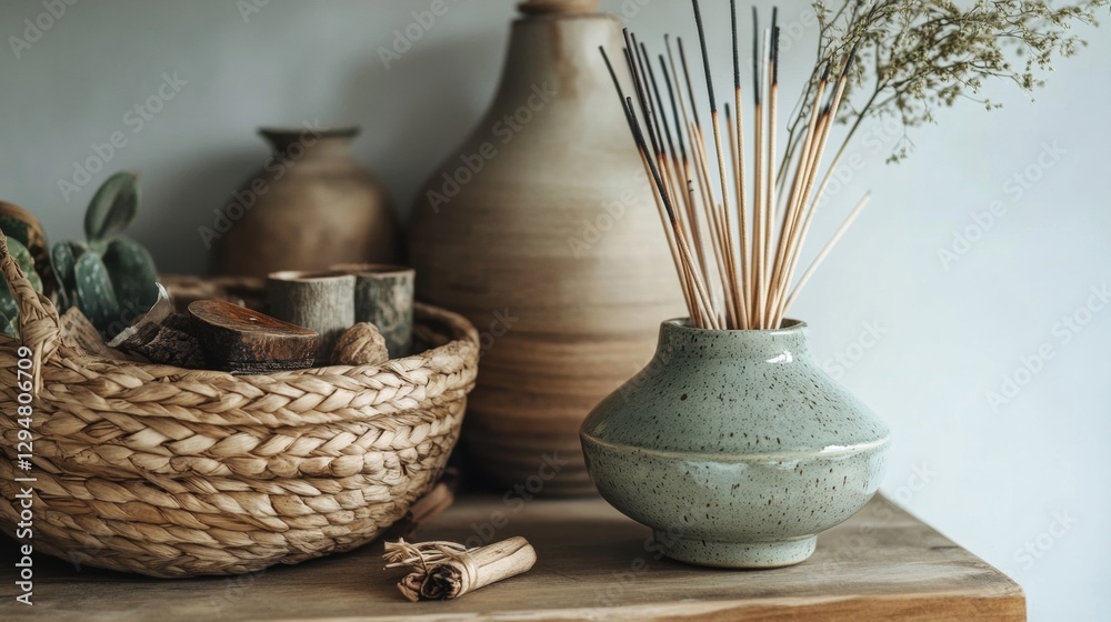 A serene indoor setting with a wooden shelf displaying various decorative items. A serene indoor setting with a wooden shelf displaying various decorative items.