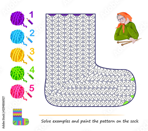 Math education for children. Coloring book. Mathematical exercises on addition and subtraction. Solve examples and paint the pattern on the sock. Printable worksheet for kids. Vector illustration.