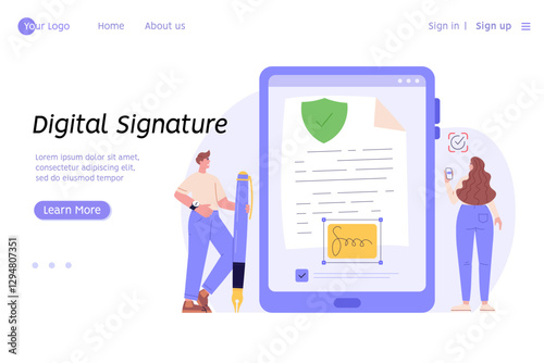 People signing contract with digital pen on phone. Digital signature, business contract, electronic contract, e-signature concept. Vector illustration in flat design for web banner, mobile app