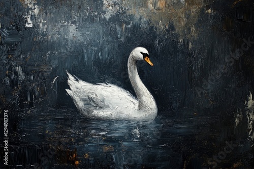 White swan, classic oil painting on a dark background.