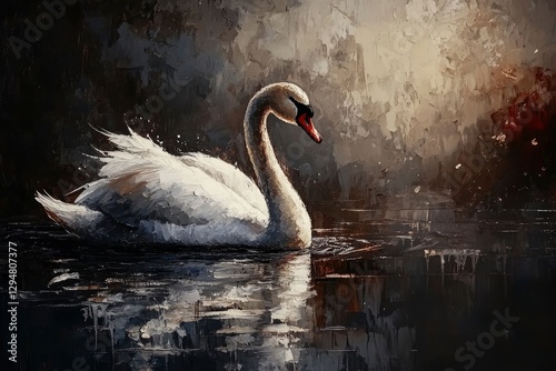 White swan, classic oil painting on a dark background.
