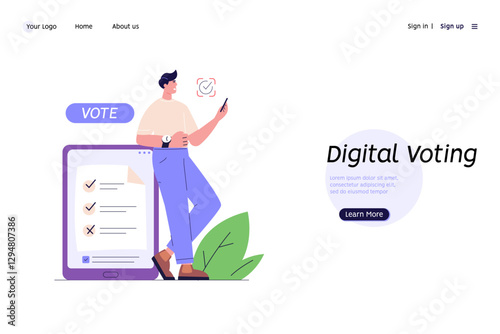 Online Voting and Election Campaign. Man Voting with Vote Box and Calling for Vote. Concept of Election Day, Making Choice, Balloting Paper, Democracy. Vector illustration for UI, mobile app