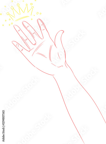 A red hand made of lines, reaching for the crown – a minimalistic linear drawing. It illustrates the symbol of striving for success, power, dreams and self-realization. Tattoo, linear illustration. 
