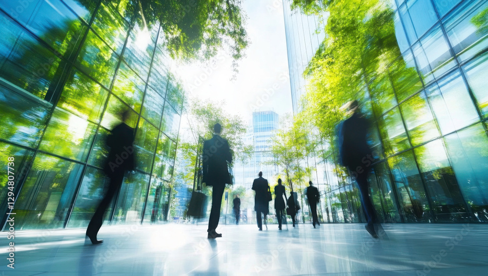 The concept of sustainability in business centers, crowds of business people walking at a corporate office in a green city downtown, abstract motion blur image with blurred background, generative AI