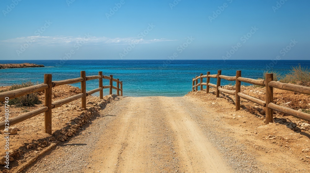 Rustic coastal path leading to tranquil turquoise sea under clear blue sky Rustic coastal path leading to tranquil turquoise sea under clear blue sky