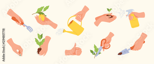 Set of Hands holding gardening tools and plants: trowel, scissors, watering can, spray bottle, garden fork, seedlings.