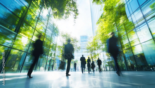 Obraz na płótnie The concept of sustainability in business centers, crowds of business people walking at a corporate office in a green city downtown, abstract motion blur image with blurred background, generative AI w salonie