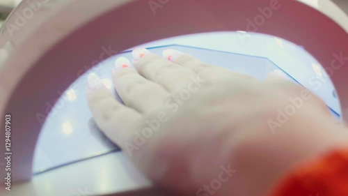 Woman drying trendy gel nail polish under the UV led lamp, modern manicure procedures in beauty salon, ultraviolet dryer in beauty industry