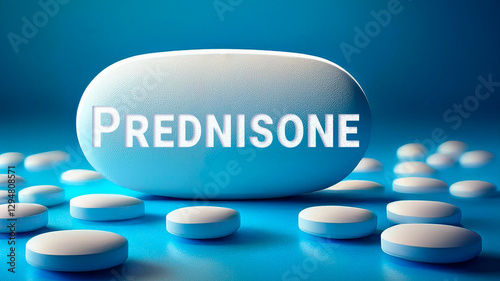 Prednisone pill with the name printed on it, blue background	 photo