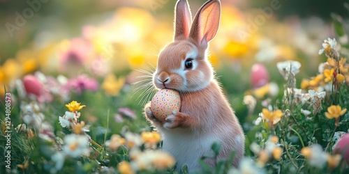 Cute Bunny with Easter Egg Surrounded by Colorful Flowers in a Spring Setting